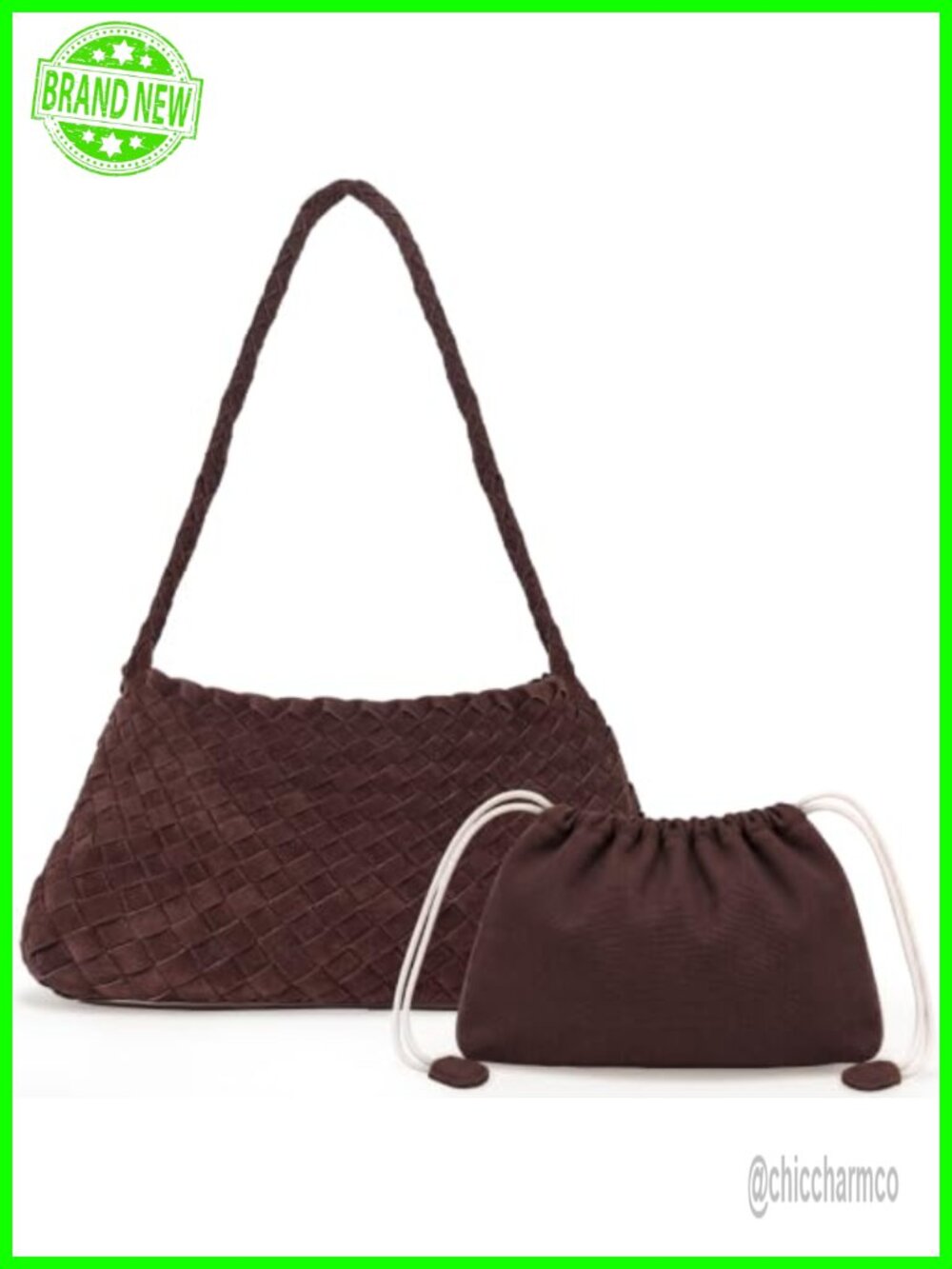 Slouchy Faux Suede Woven Tote Purse with Canvas Pouch Drawstring